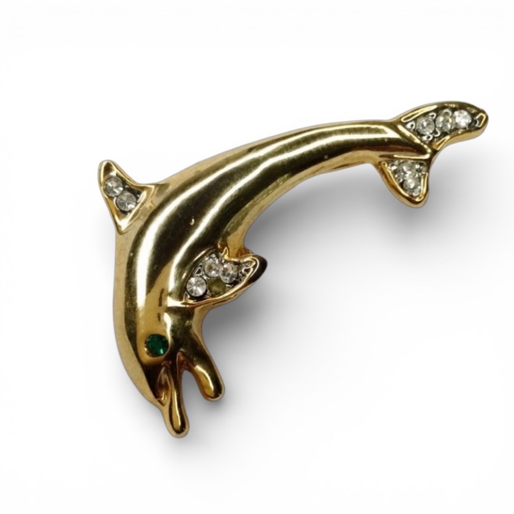 Vintage Gold Tone Dolphin Brooch – Green Eye & Rhinestone Accents - Picture 7 of 11
